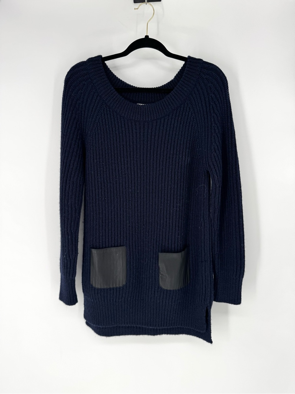 kate spade Navy Ribbed Crewneck wool Sweater with Faux Leather Pockets